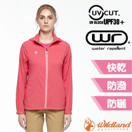 【荒野 WildLand】女 N66彈性透氣抗UV連帽外套.運動休閒夾克/0A81901-09 桃紅✿30E010